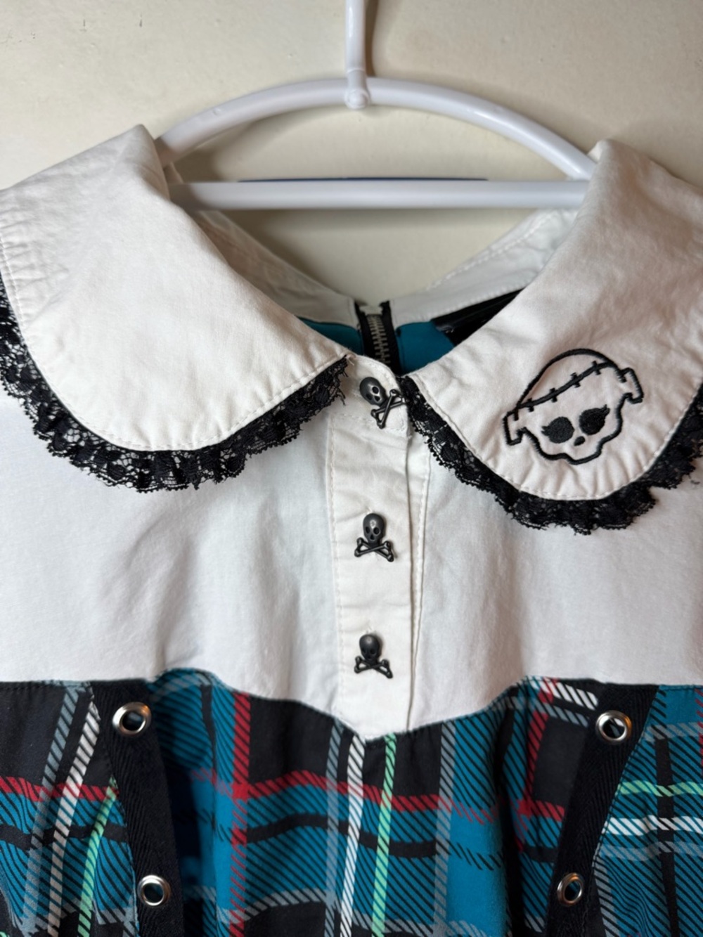Monster High Plaid Dress Goth Schoolgirl Peter Pan Collar Puff Sleeve Y2K - Picture 4 of 9